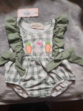 Marcie Nicole Green Gingham Bunny & Carrot Baby One-Piece